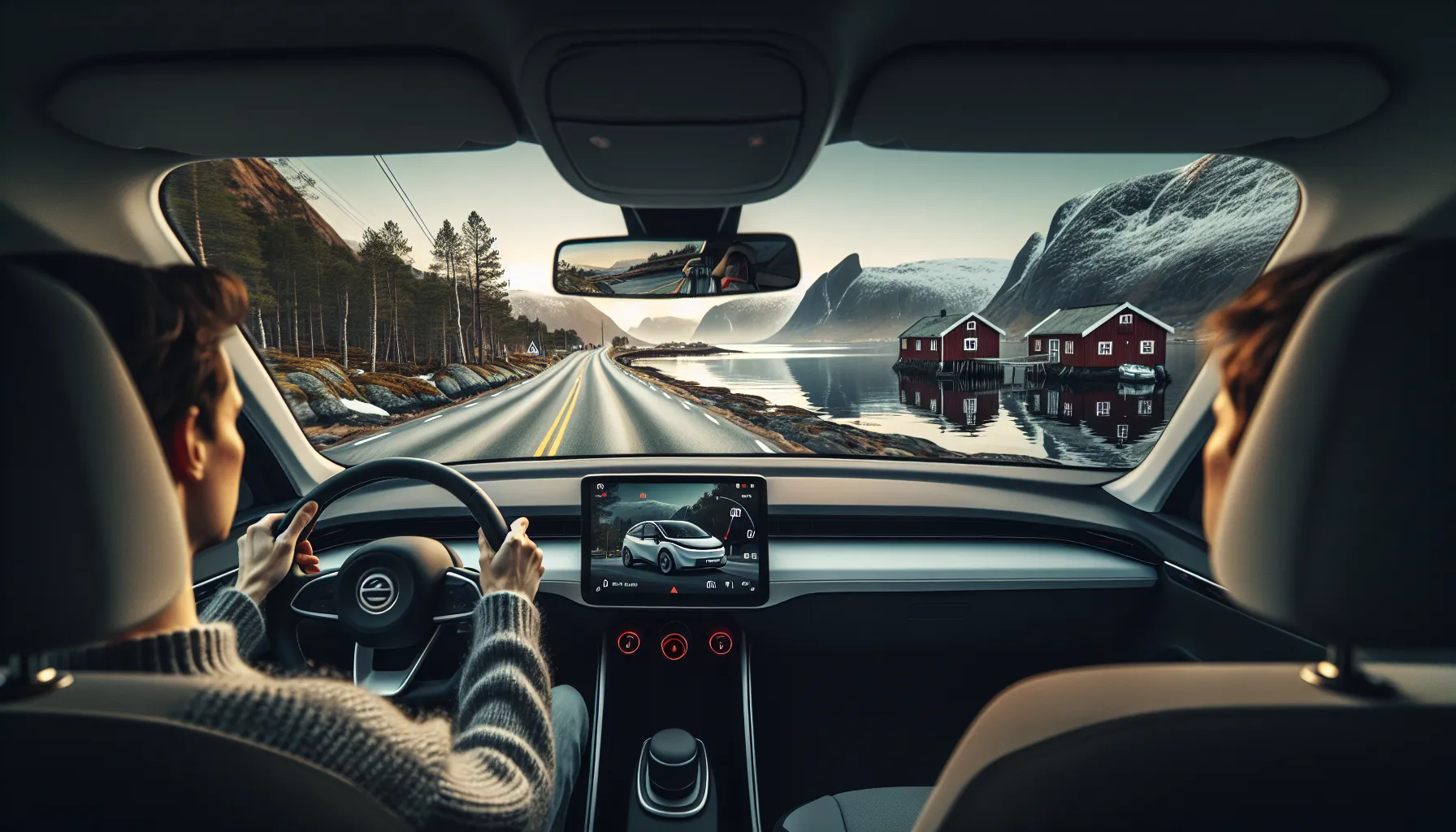 Calm ev driver cruising by a norwegian fjord at steady 80 km t