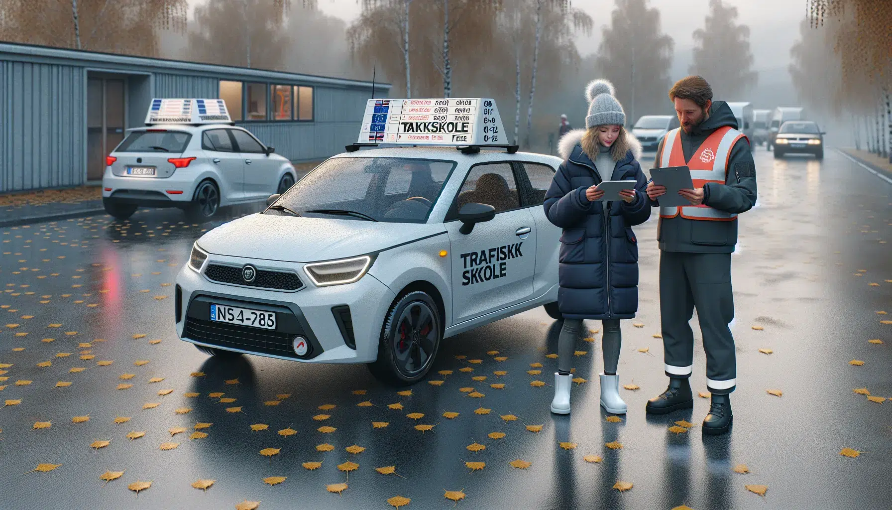 Driving student and instructor review license costs beside a norwegian training car
