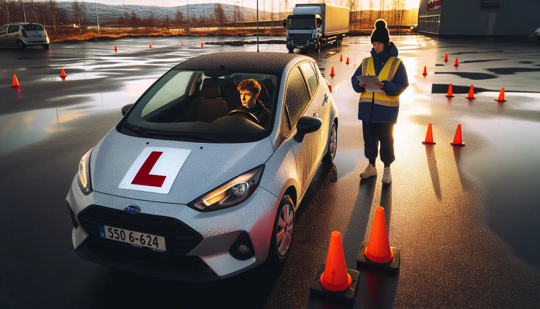 Learner driver and instructor by car with cones outside norwegian trafikkstasjon