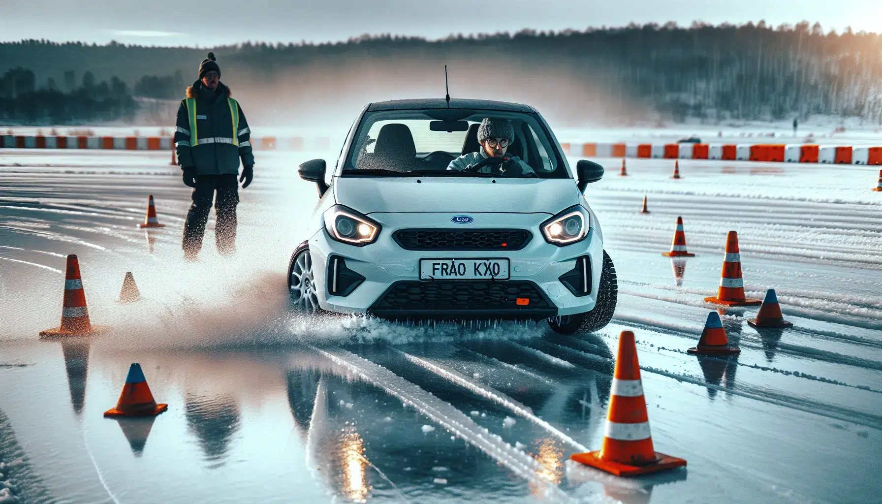 Learner driver brakes on icy skid track in norway under instructor guidance