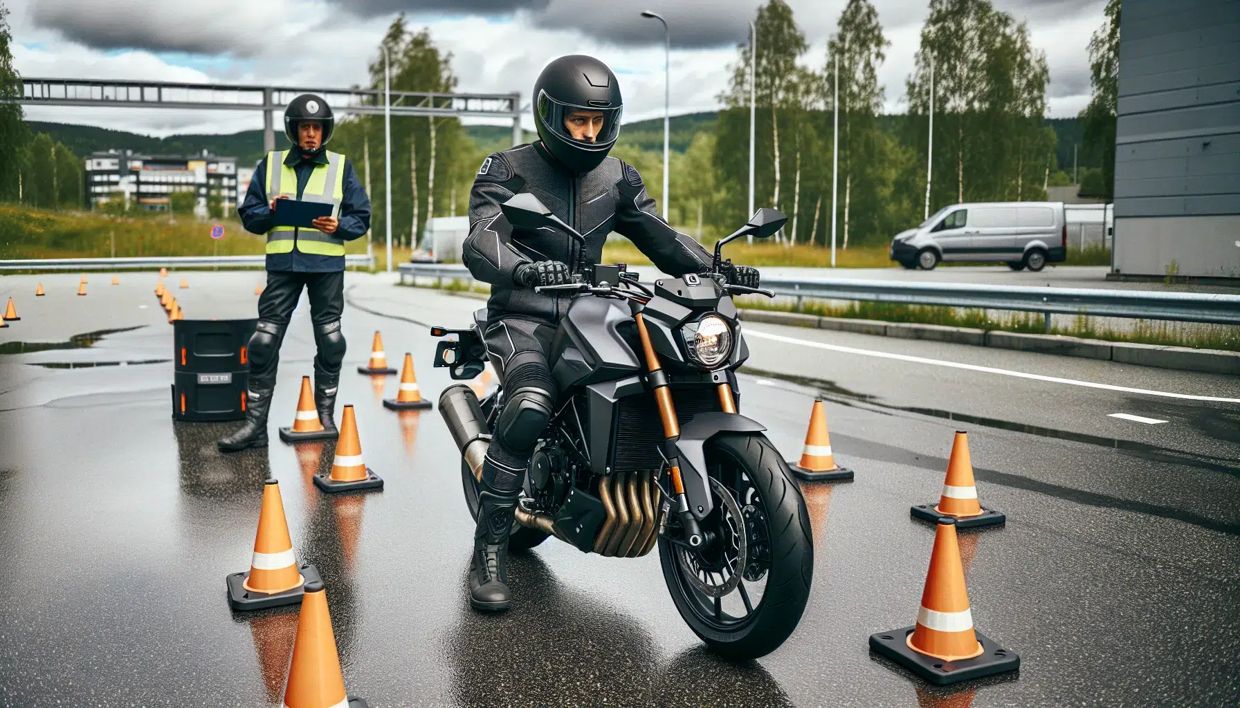 Motorcycle test candidate rides through cones as examiner observes at norwegian station