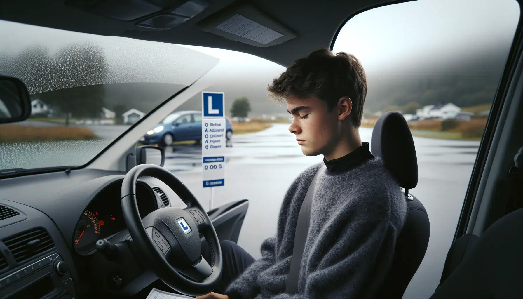 Norwegian driving test candidate breathing calmly in car before