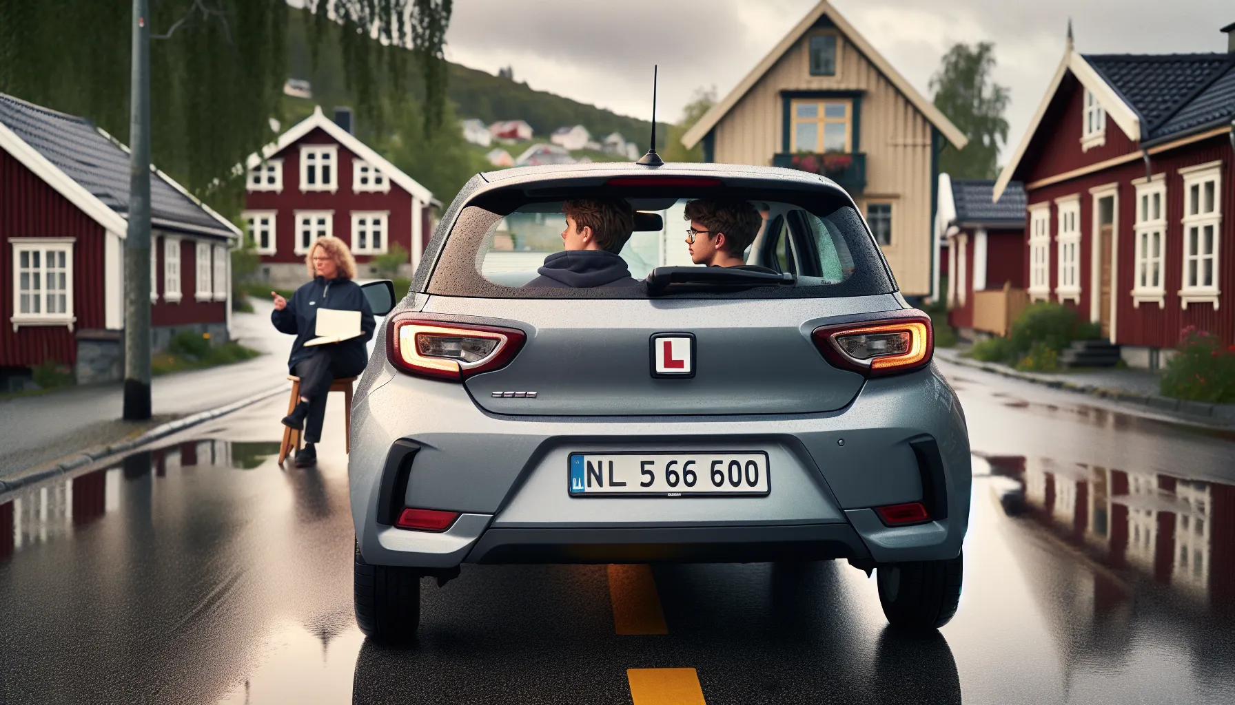 Norwegian learner driver with supervisor and red l sign on the car