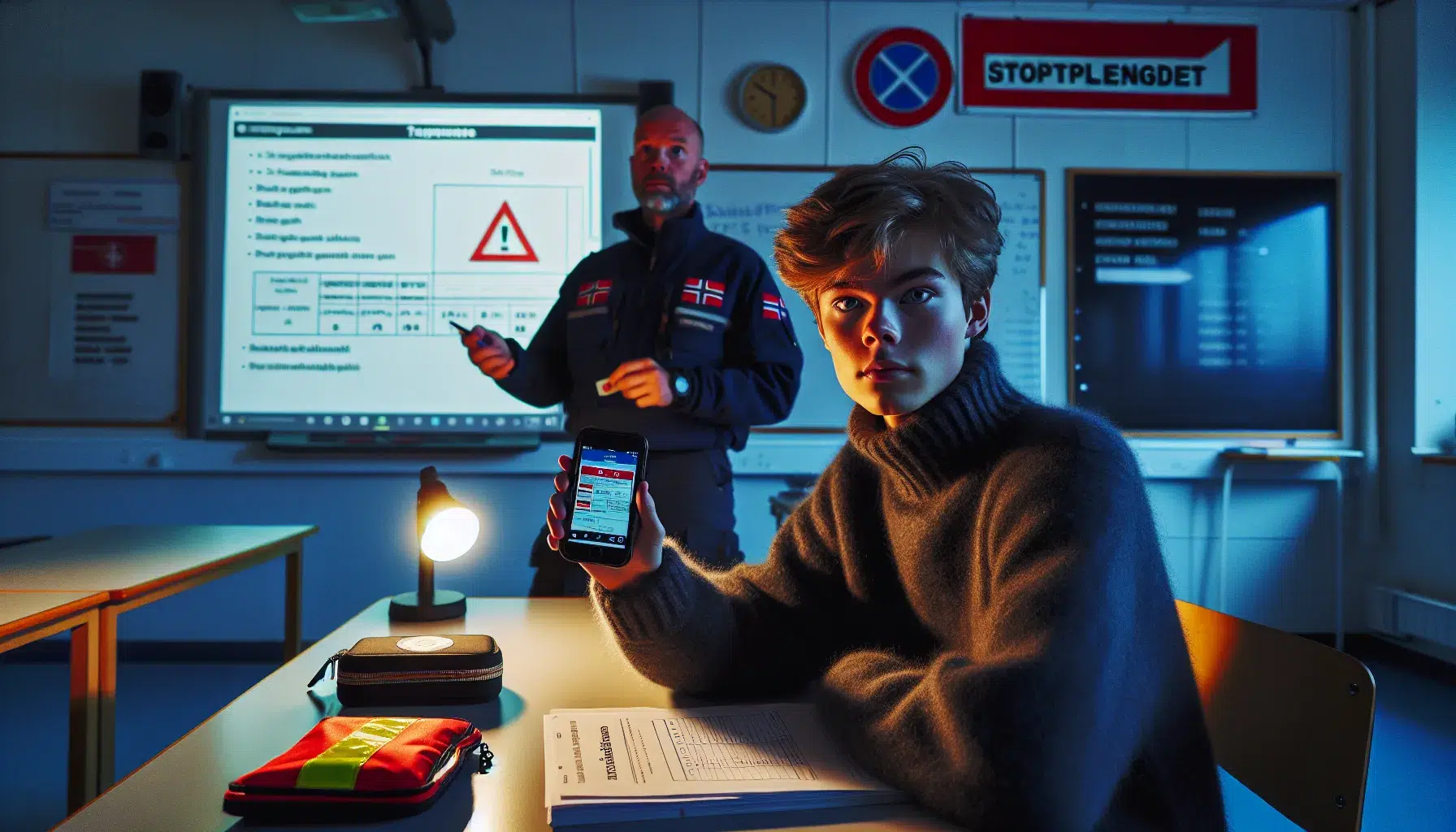 Norwegian teen shows digital learner s permit as instructor explains night driving