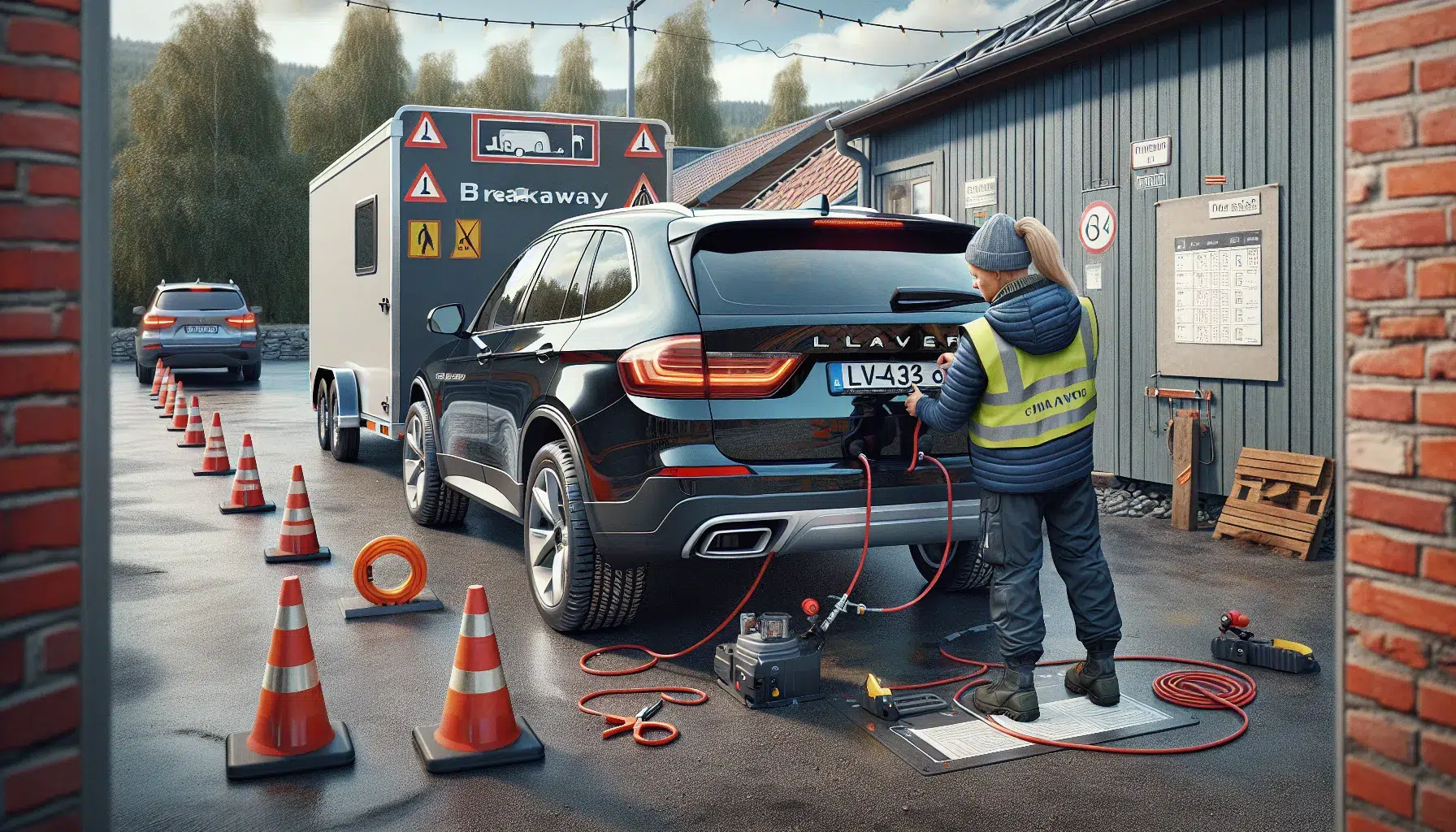 Student checks heavy trailer coupling during norwegian be towing license test